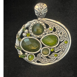 Filigree Silver-tone and Green Stone 2" Vintage Pendant
